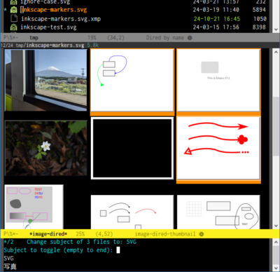 image-dired内でマークしたファイルにdc:subjectプロパティを設定している所