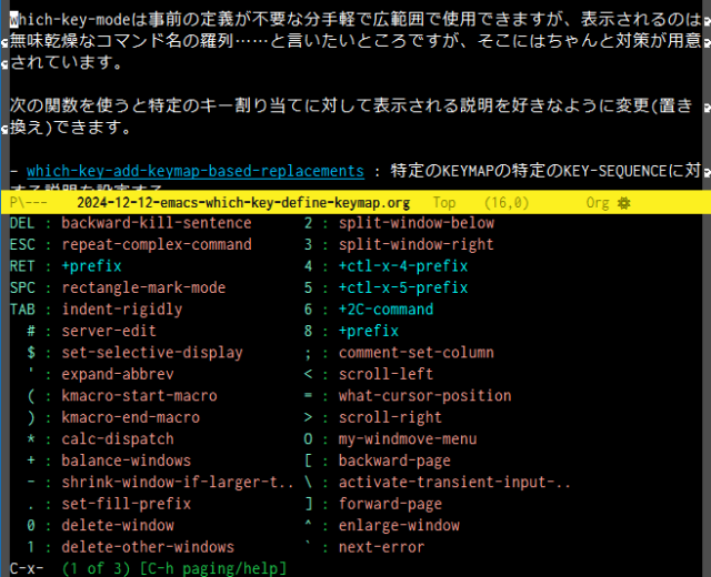 which-key-modeを有効にしてC-xを押したところ